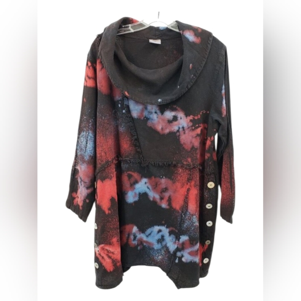 Sea Breeze Tunic Top Womens 1X Black Tie Dye Cowl Neck Asymmetrical Artsy Boho